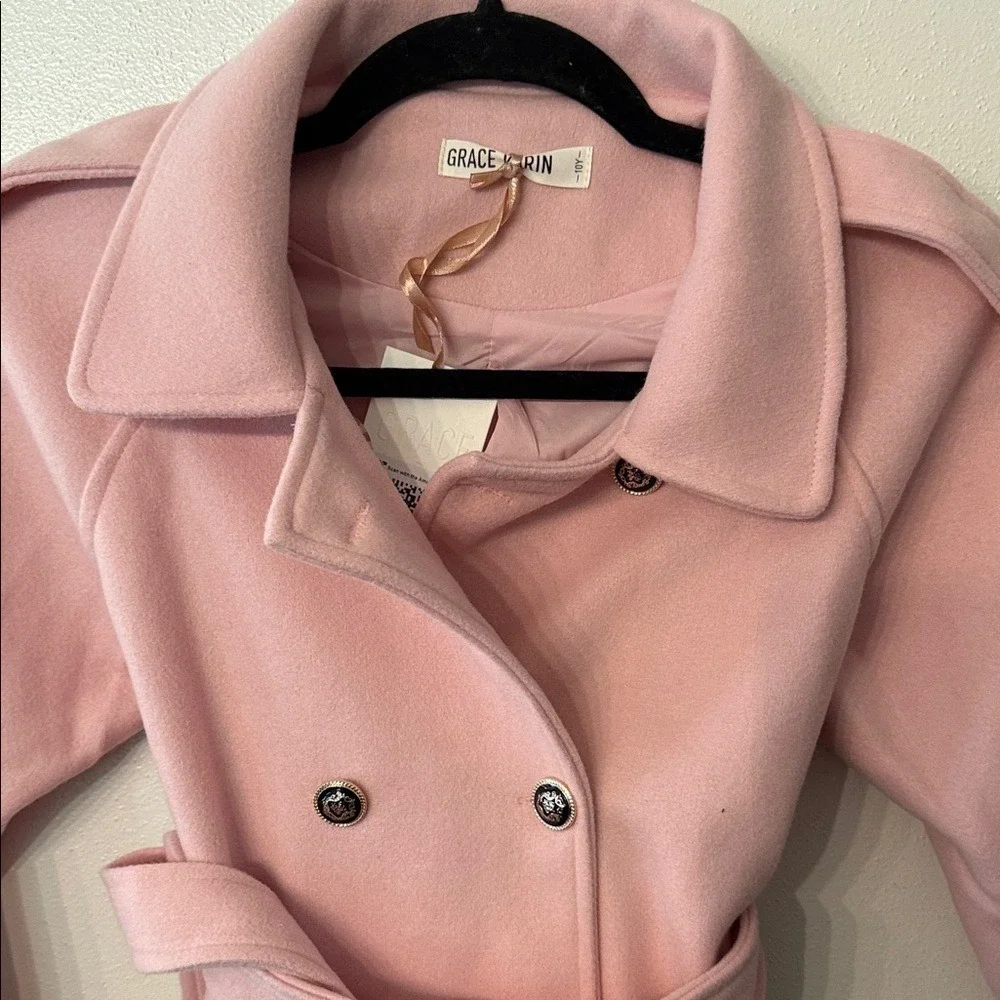 Grace Karin Pink‎ Double Breasted Trench Coat Belted Pea Coat Girls 10
